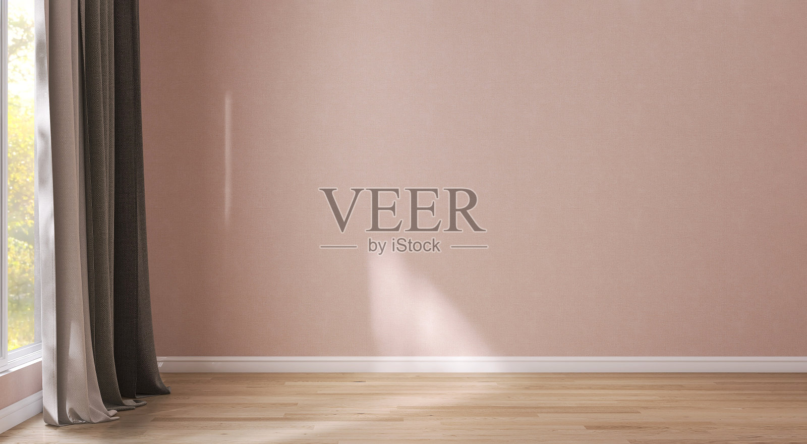空荡荡的房间，粉红色的洞壁，米色和棕色的遮光窗帘，阳光下的踢脚板，拼花地板上的阴影照片摄影图片