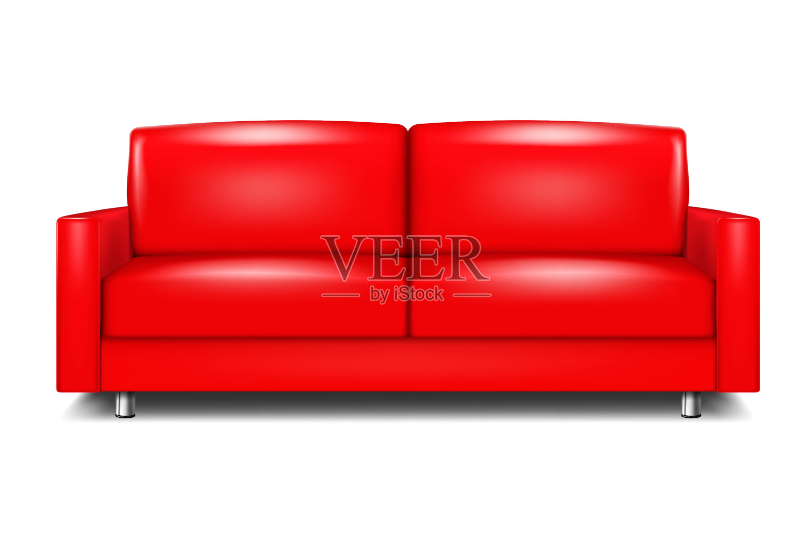 色彩现代的沙发。红色真皮沙发，金属腿。有靠垫的沙发。逼真的矢量插图插画图片素材