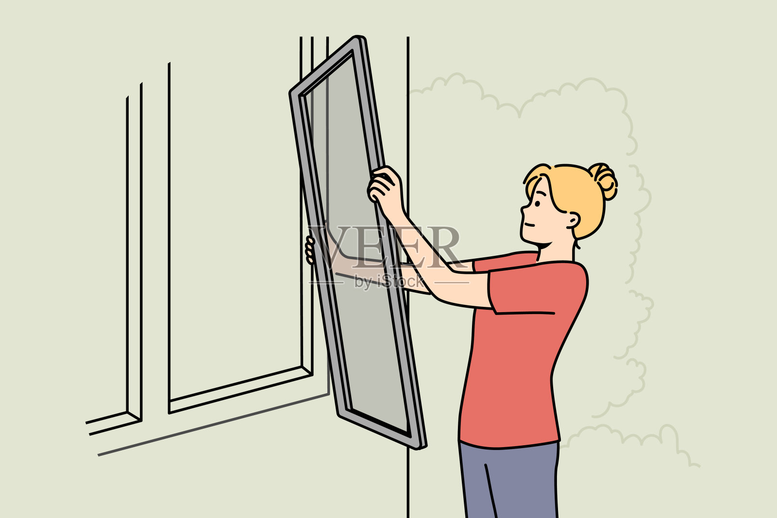 妇女把防虫纱窗放在窗户上插画图片素材