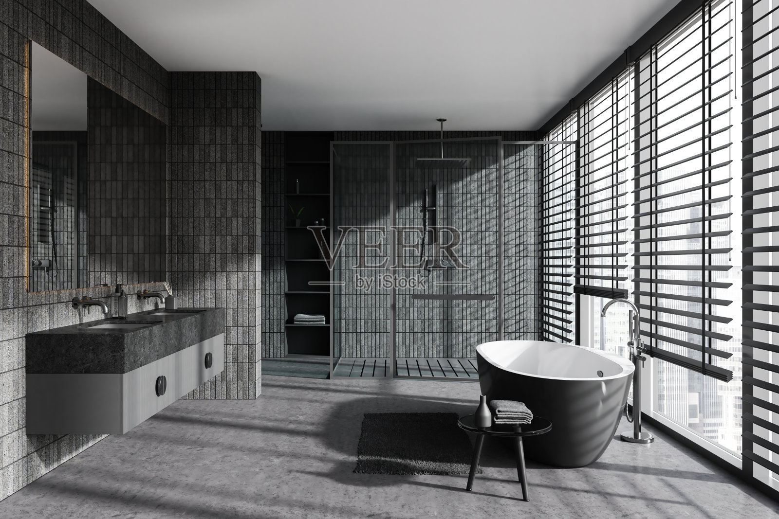 灰色瓷砖浴室，浴缸，双水槽和淋浴间照片摄影图片