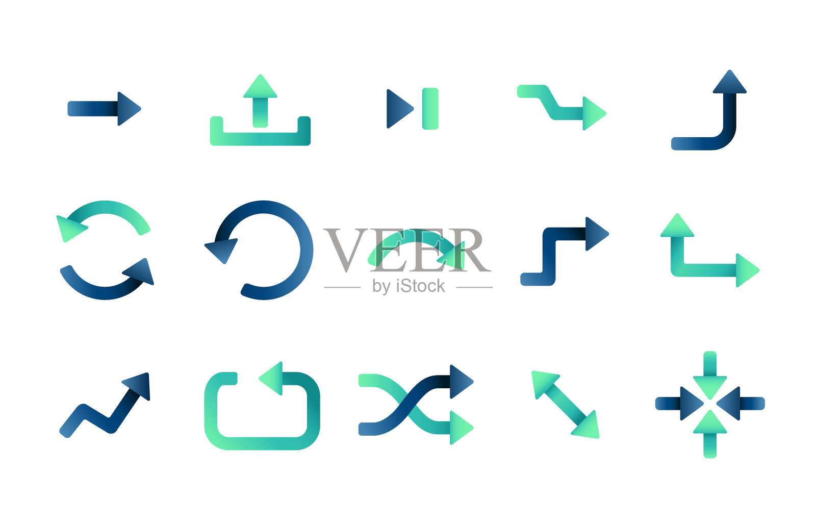 一组平面梯度箭头图标隔离在白色背景上。图标素材