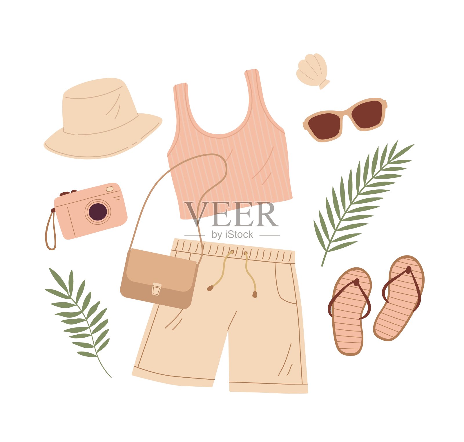 夏季女性服装和配饰矢量插图。插画图片素材