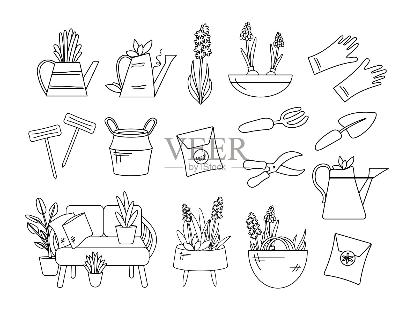 大型矢量花园设置在轮廓风格。花园元素的说明:铲子，干草叉，园艺剪刀，植物，浇水罐，草，园艺手套，藤沙发，风信子，薰衣草，木制花园标志，种子袋，帆布袋，藤条或ca插画图片素材