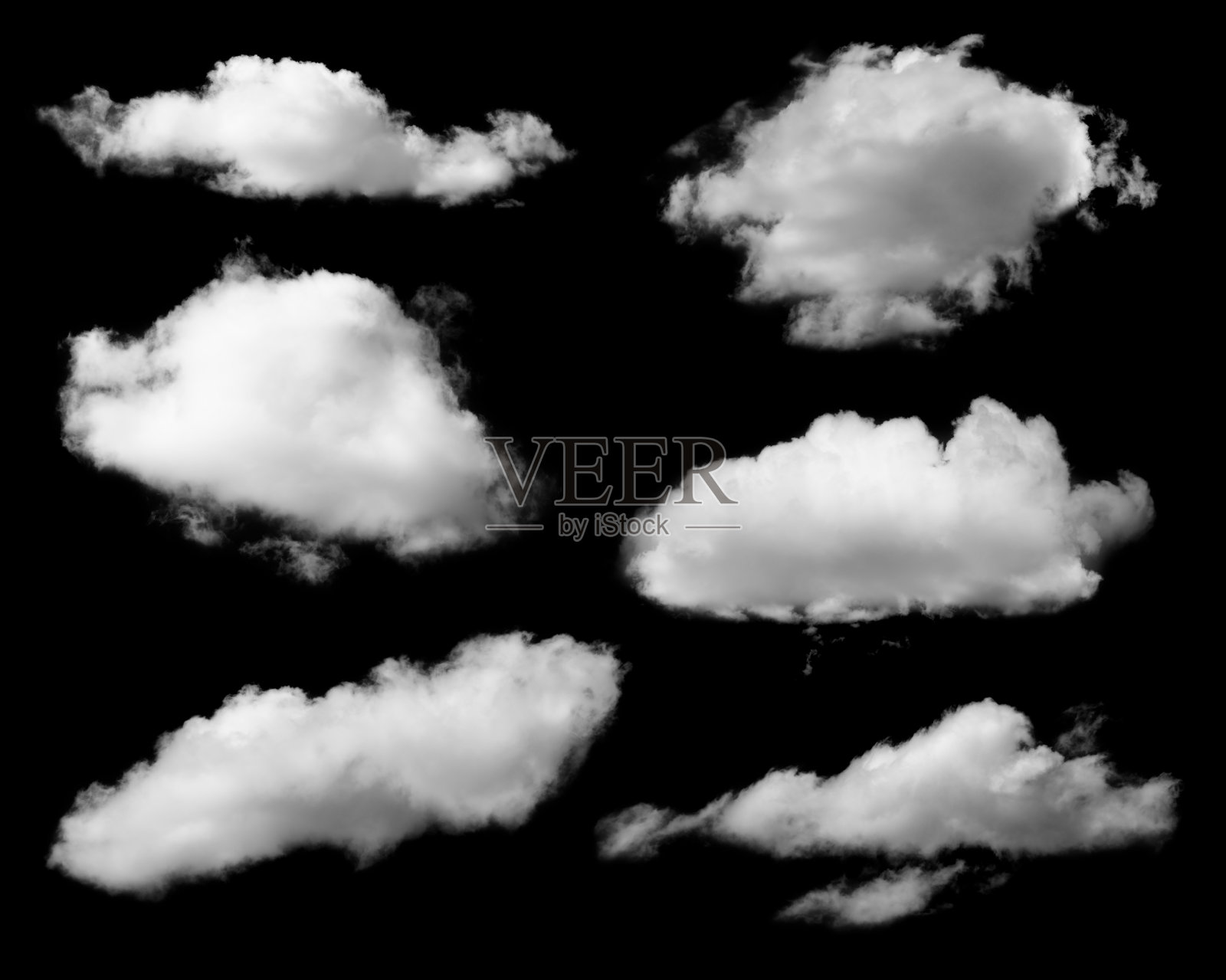 黑色背景上的一组白云照片摄影图片