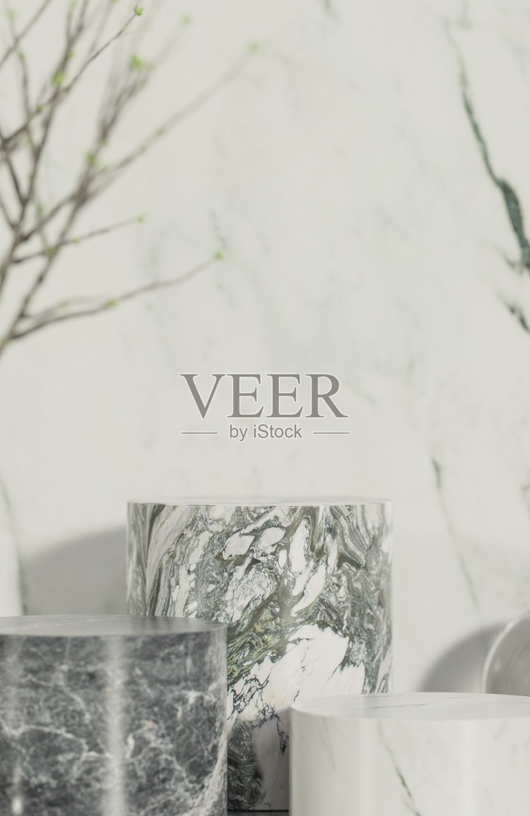 仿大理石讲台的产品演示讲台与大理石背景和晨光。，3d模型和插图。照片摄影图片