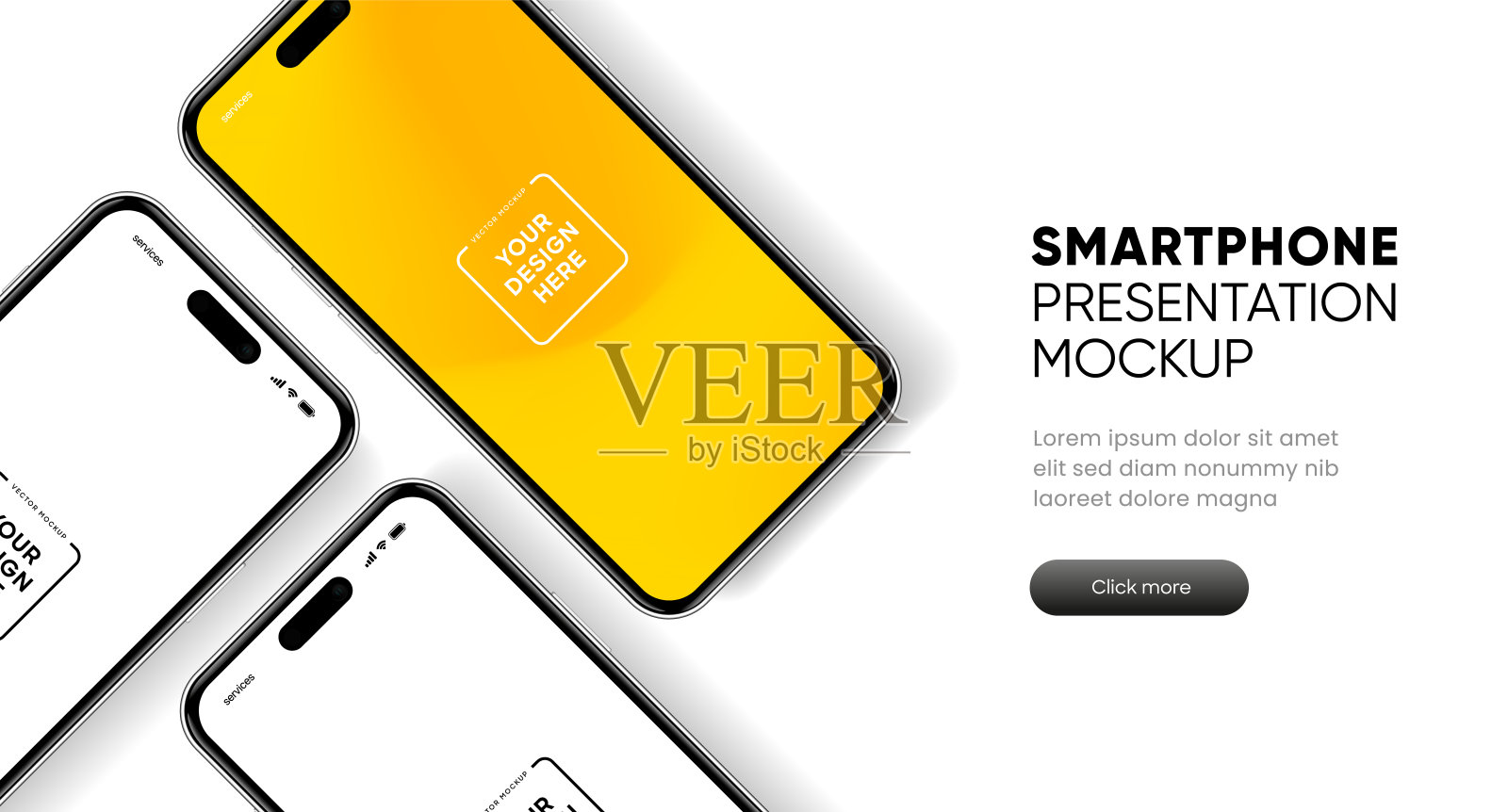 3D逼真的高质量智能手机模型与孤立的背景。智能手机模型收集。设备前视图。3D手机与阴影在白色背景。插画图片素材