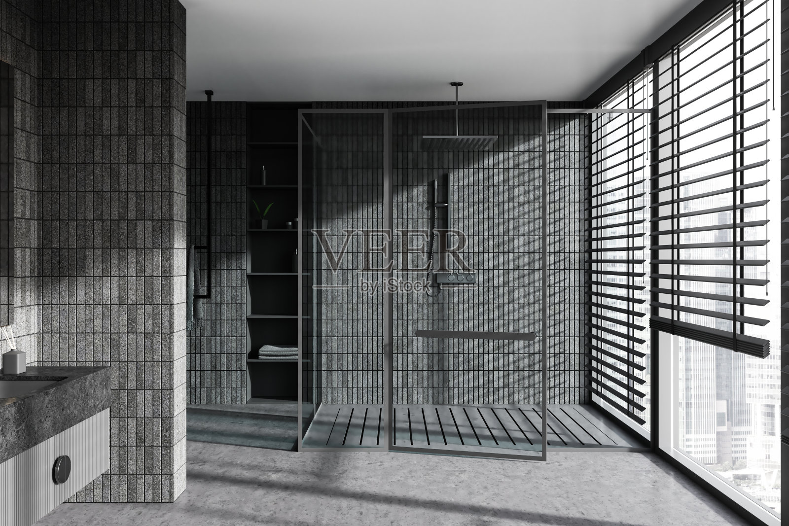 灰色瓷砖浴室内部与淋浴间照片摄影图片