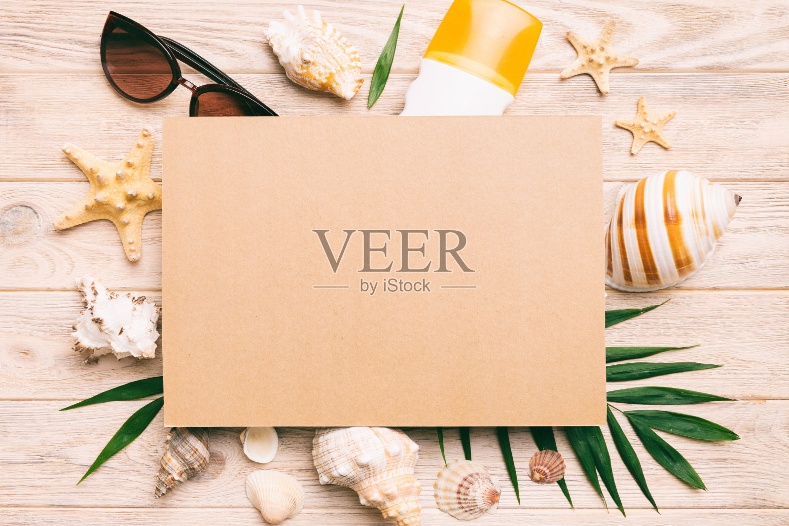 夏季时间的概念与空白的贺卡和彩色背景上的空白工艺纸。从海洋海岸的贝壳在框架的形状，与文字顶视图的空间分开照片摄影图片