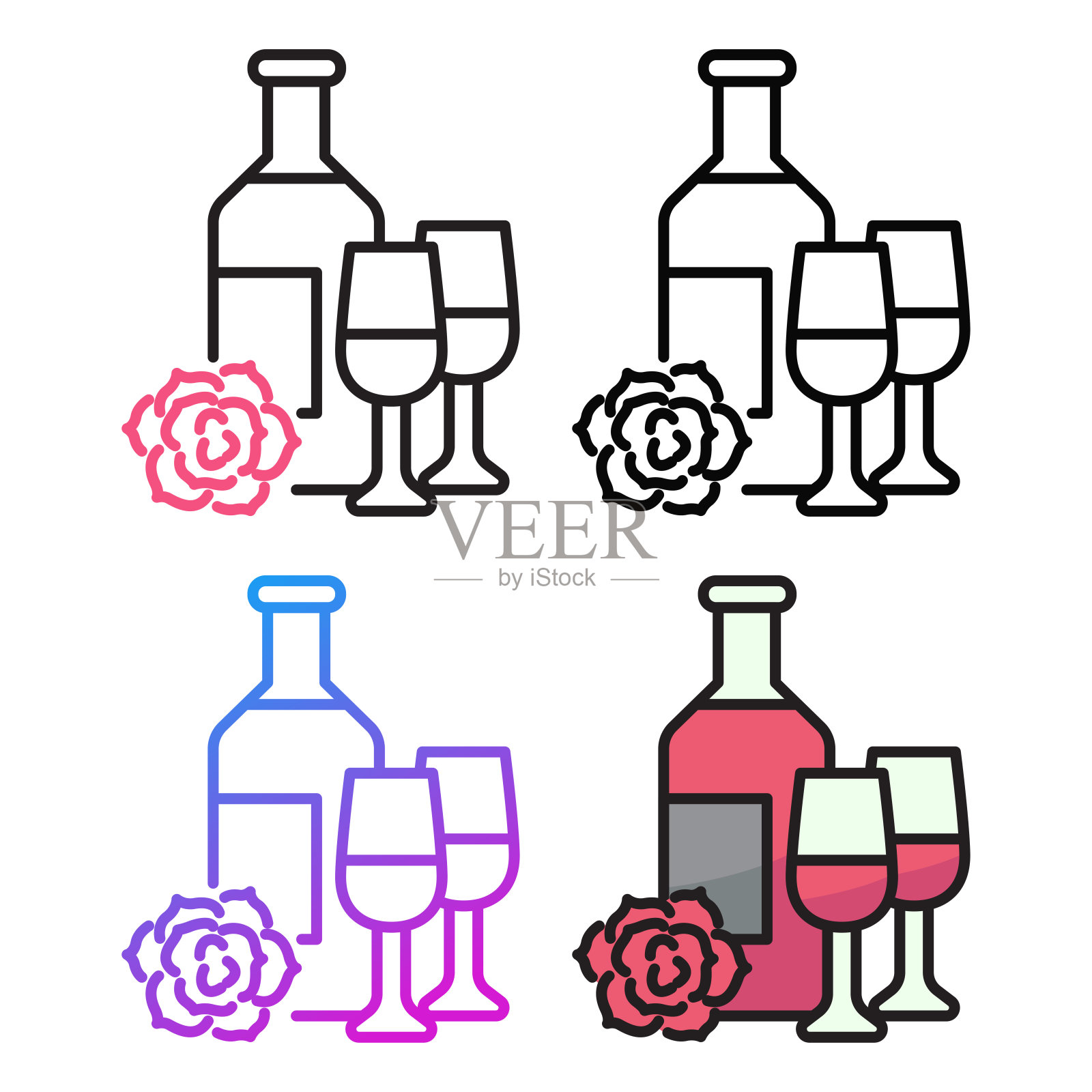 香槟和玫瑰图标设计在四个变化的颜色插画图片素材