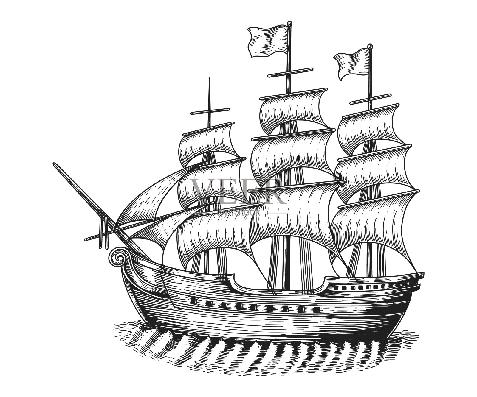 海盗船帆船复古素描手绘雕刻风格矢量插图插画图片素材