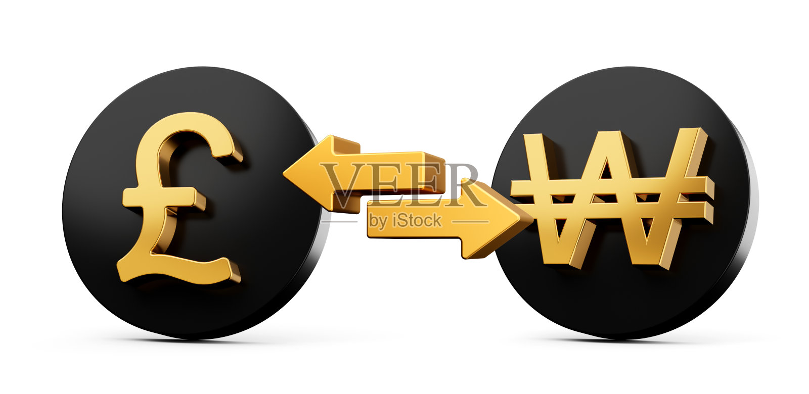 3d黄金英镑和赢得符号圆形黑色图标与货币兑换箭头，3d插图照片摄影图片