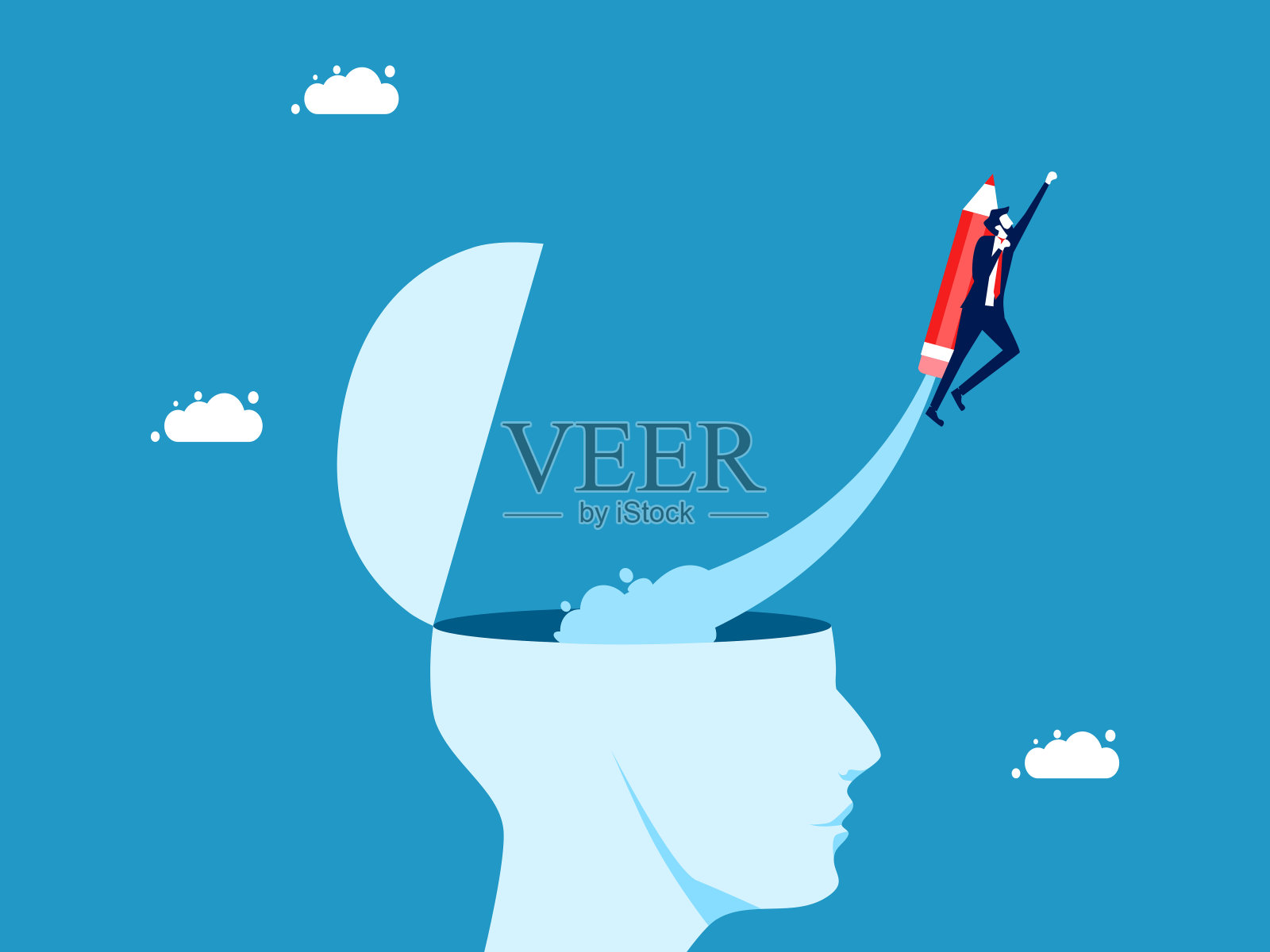 开发的想法。拿着铅笔飞出人头的商人插画图片素材