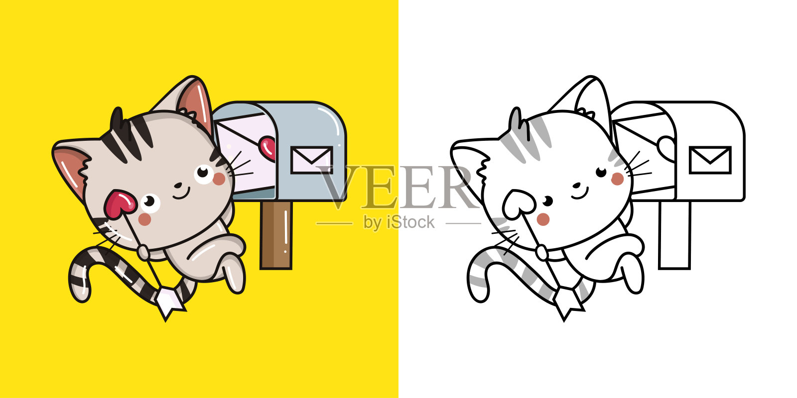 设置剪贴画猫多色和黑白。卡哇伊剪贴画小猫。卡哇伊动物的矢量插图为衣服，贴纸，婴儿淋浴，着色页印刷品插画图片素材