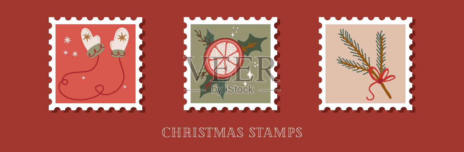 复古风格的手绘圣诞邮票集插画图片素材