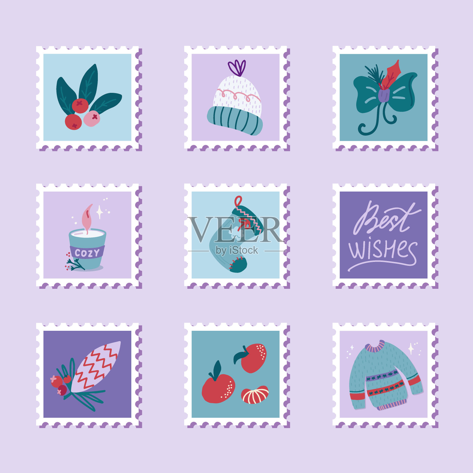 卡通风格的手绘圣诞邮票集插画图片素材