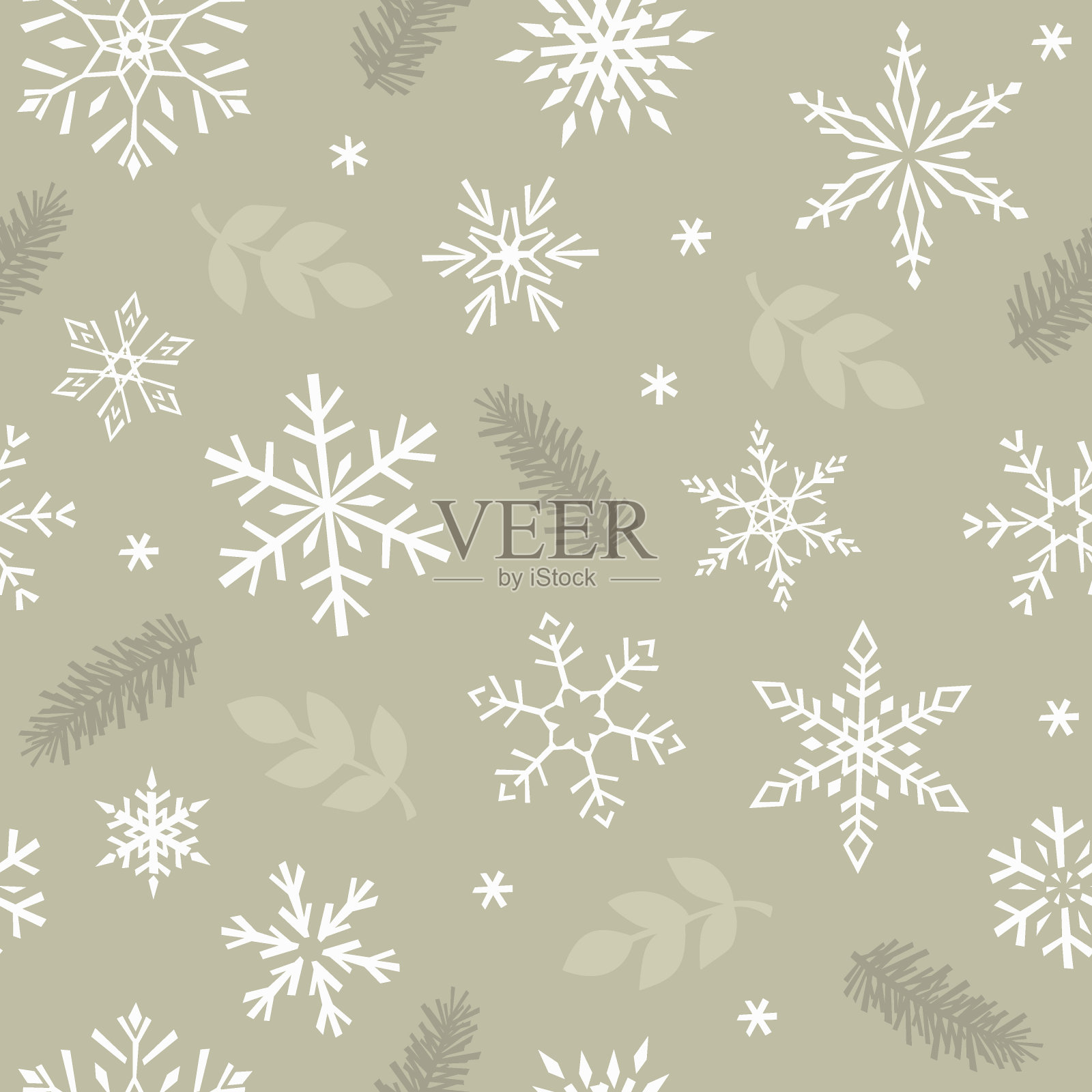 与雪花，树叶和云杉无缝矢量图案。绿色绘制插图背景。用于织物、包装纸和墙纸。插画图片素材