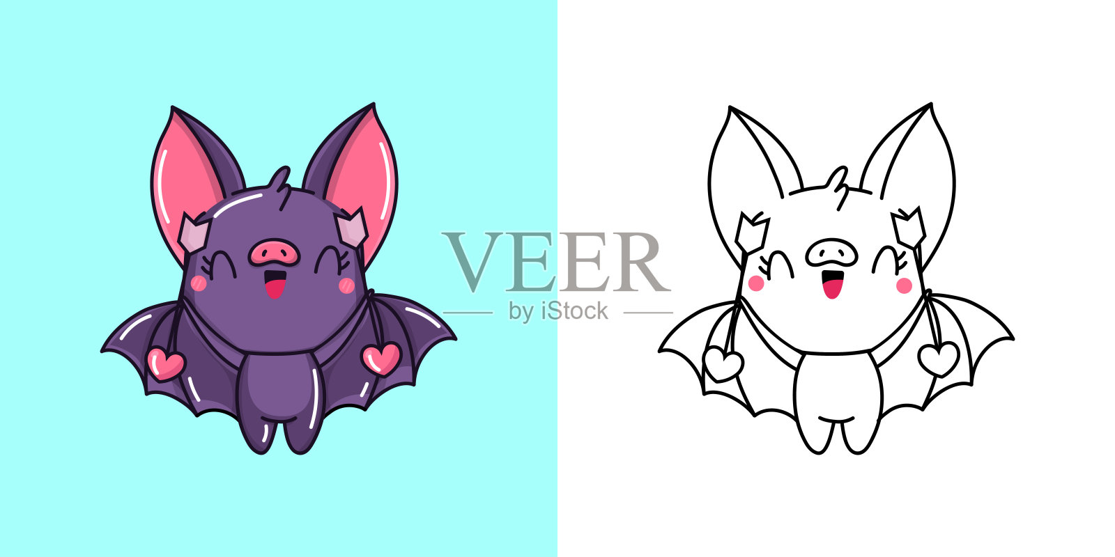 卡哇伊蝙蝠插图和着色页。有趣的卡哇伊吸血鬼。卡哇伊动物的矢量插图贴纸，婴儿淋浴，着色页，衣服印刷品插画图片素材
