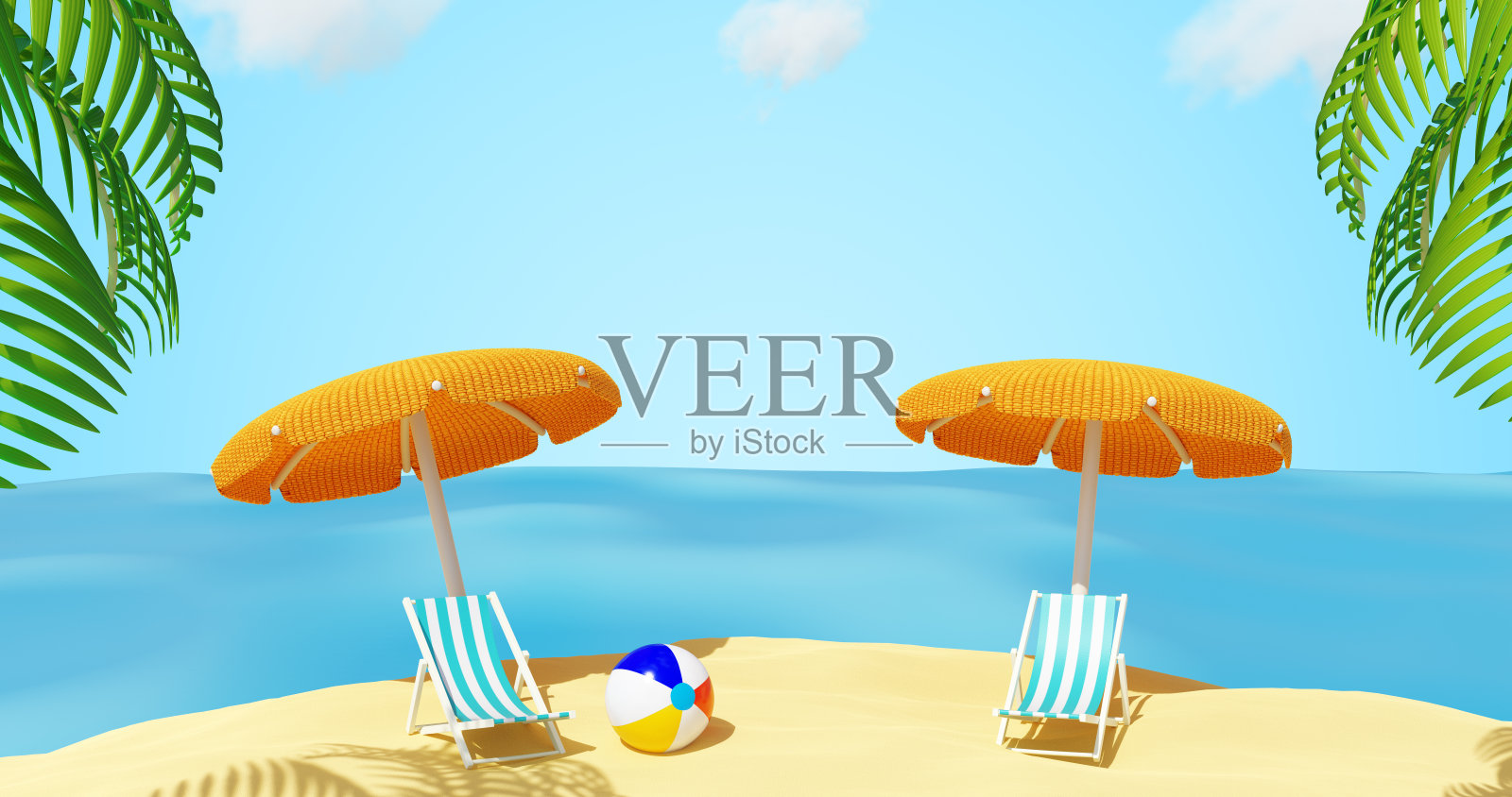 夏季海滩椰树棕榈叶天空白云，热带海岛躺椅阳伞3D渲染照片摄影图片