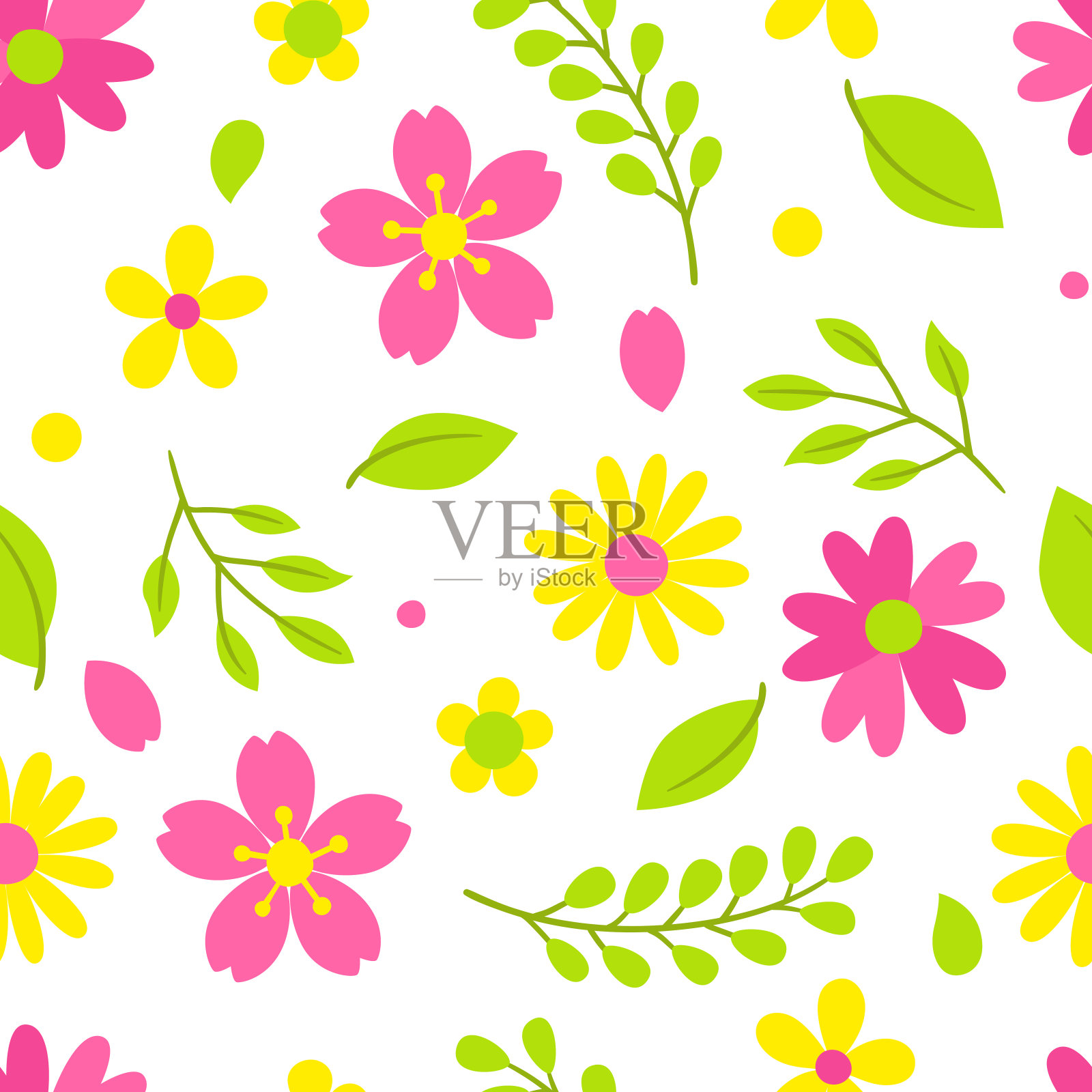 春花图案。美丽的自然装饰植物，花蕾和叶子。插画图片素材