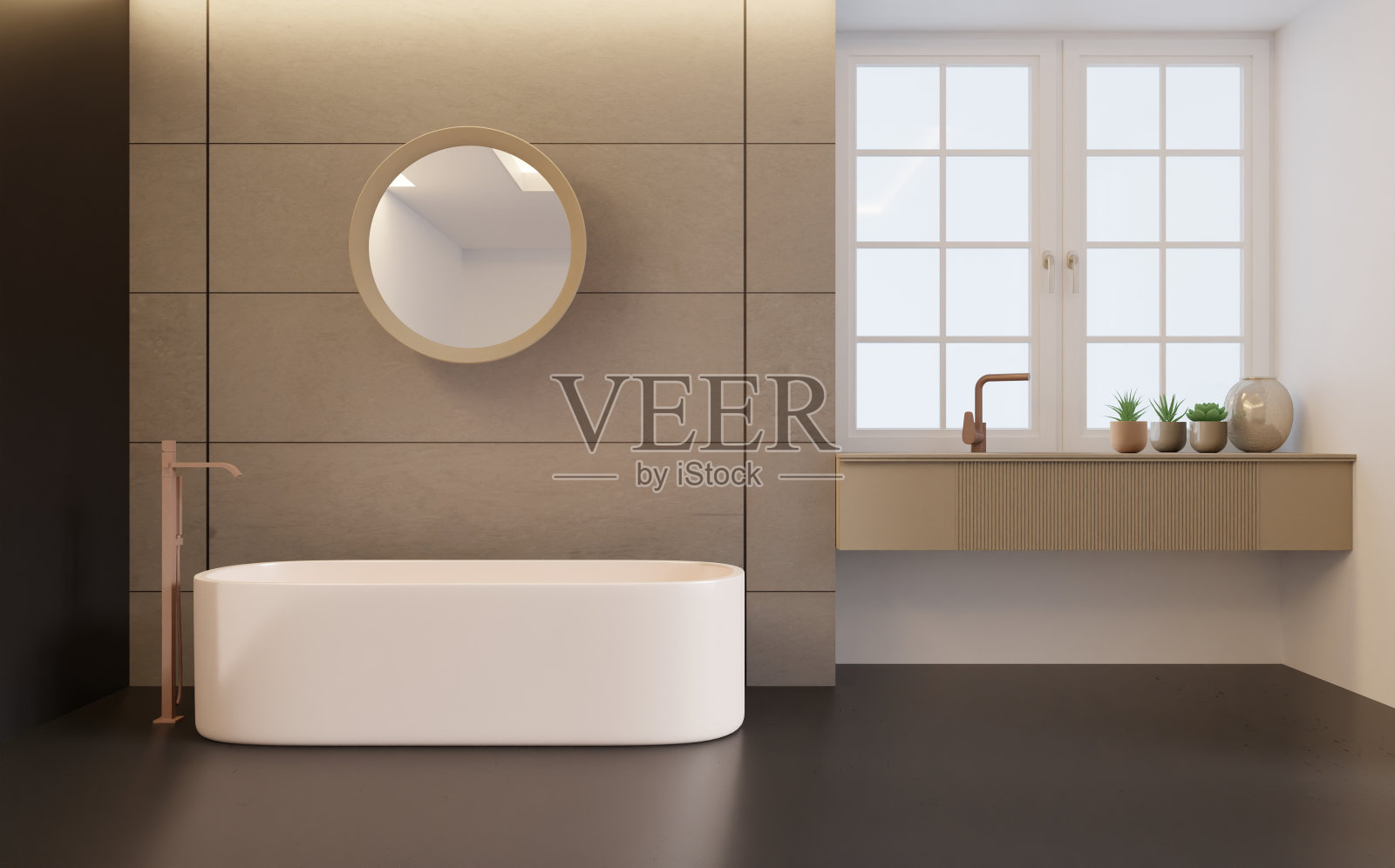 浴室采用极简风格，暗色调，洗脸盆上有玻璃窗。三维渲染照片摄影图片