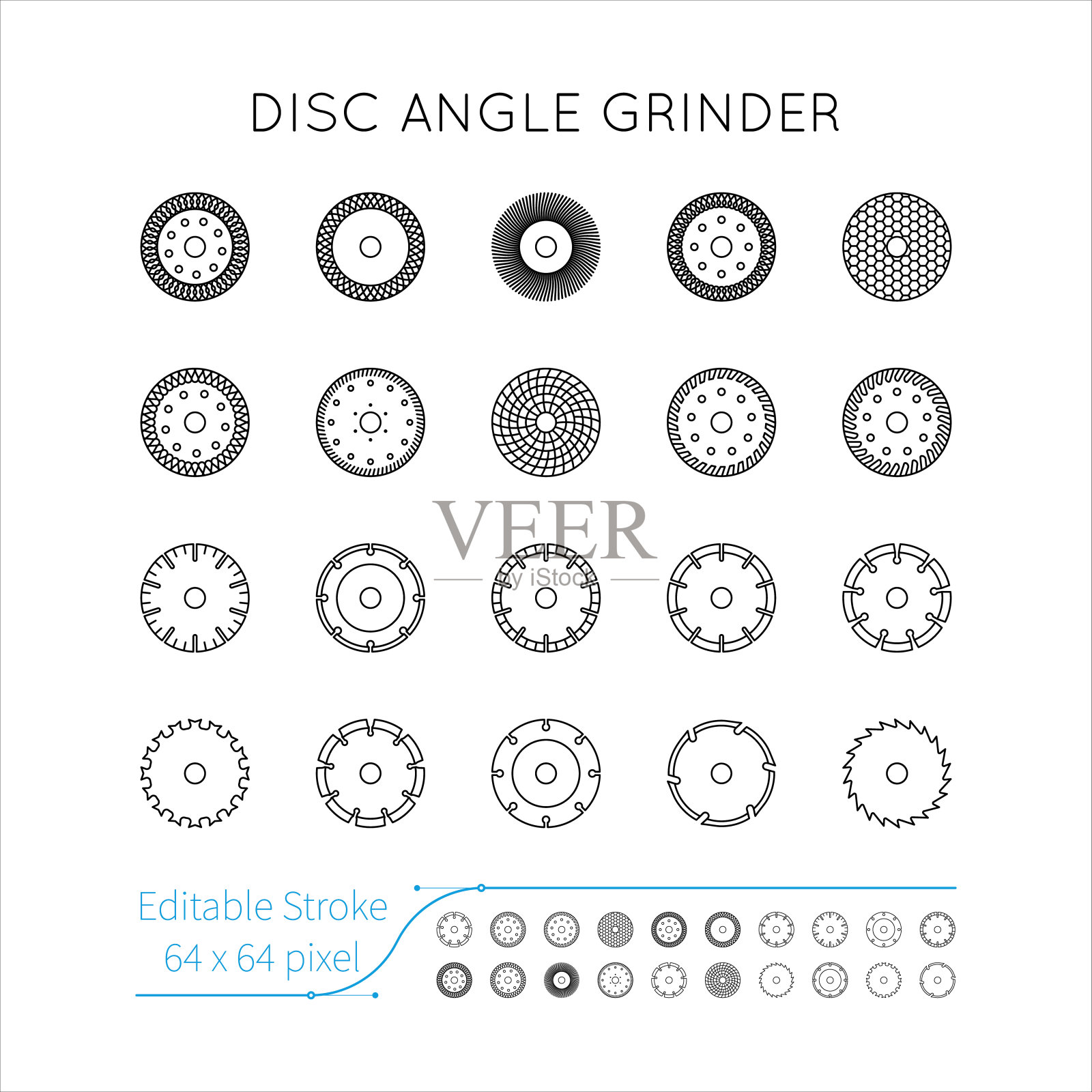 钻石光盘图标集。角磨机用圆盘。切割，金属，木材，混凝土，花岗岩，陶瓷，沥青，层压板。可编辑的中风图标素材