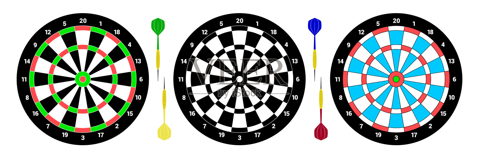 三个经典的飞镖。四个飞镖游戏。平的风格。孤立的向量插画图片素材