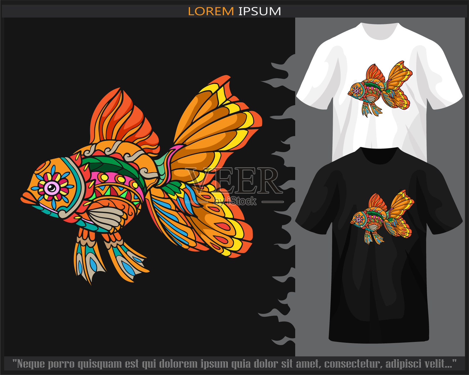 彩色金鱼曼陀罗艺术隔离在黑白t恤。插画图片素材