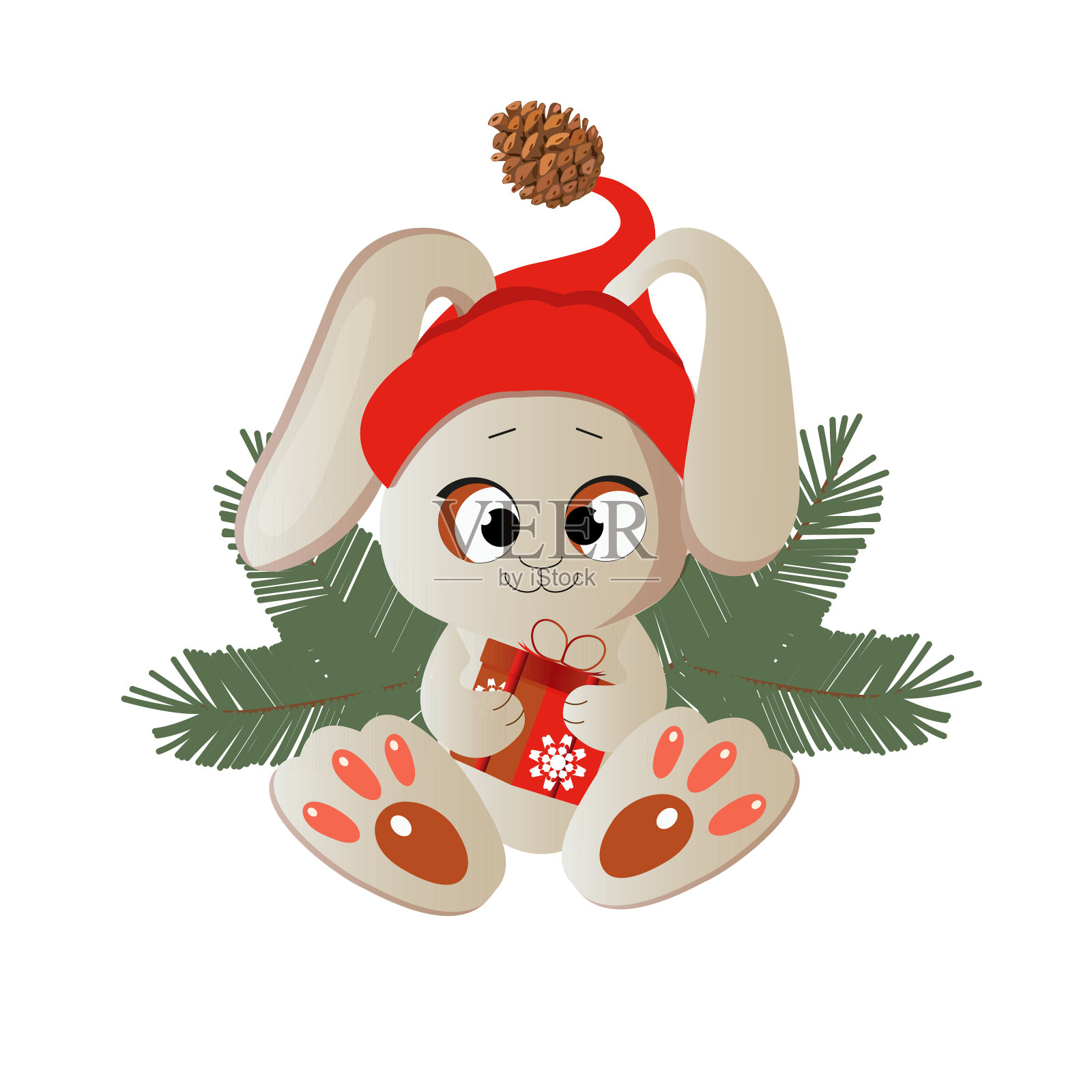 可爱的卡通兔子戴着圣诞老人的帽子坐在礼物和圣诞树旁边。冬季插图与动物隔离在白色背景。插画图片素材