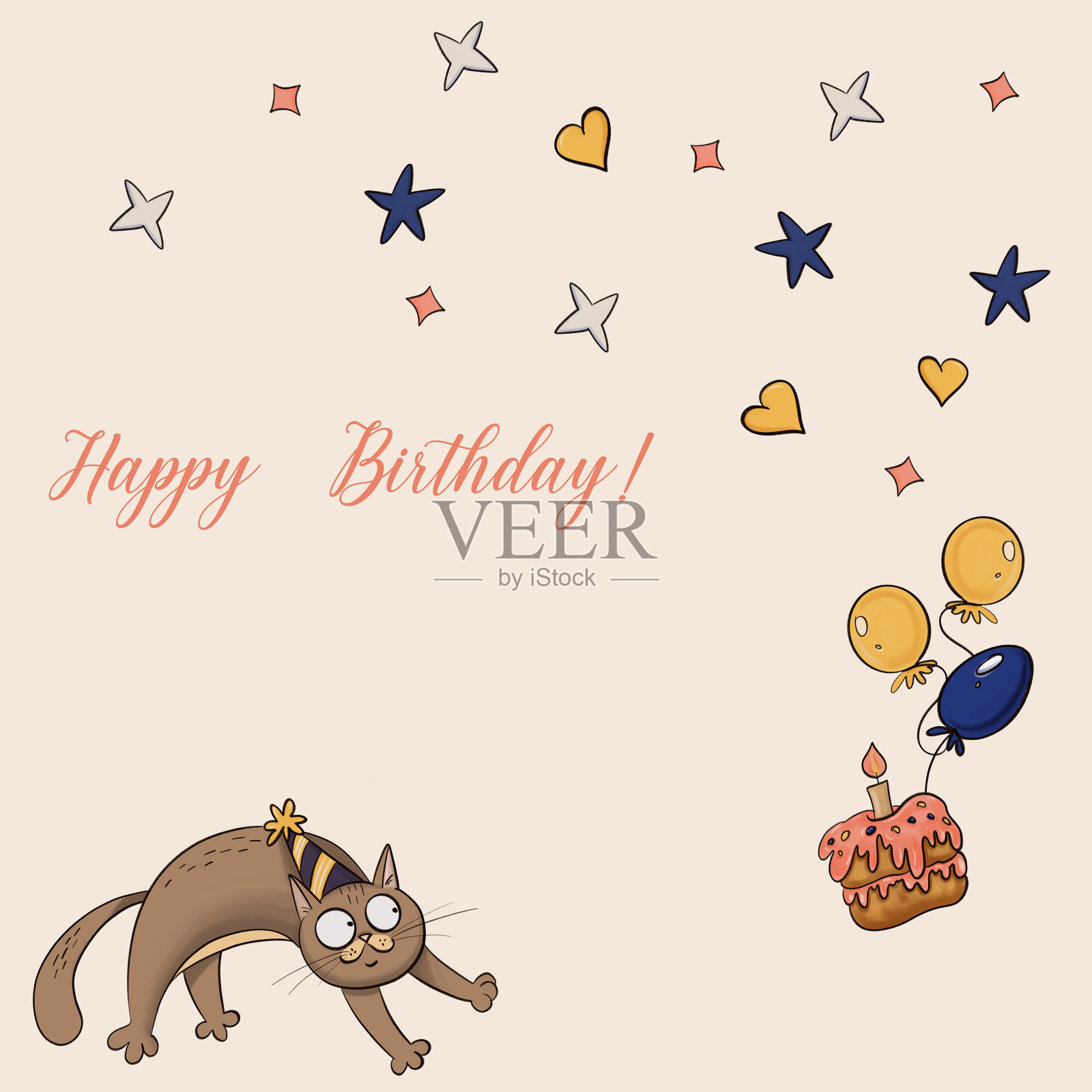 有蛋糕和气球卡片的生日猫插画图片素材