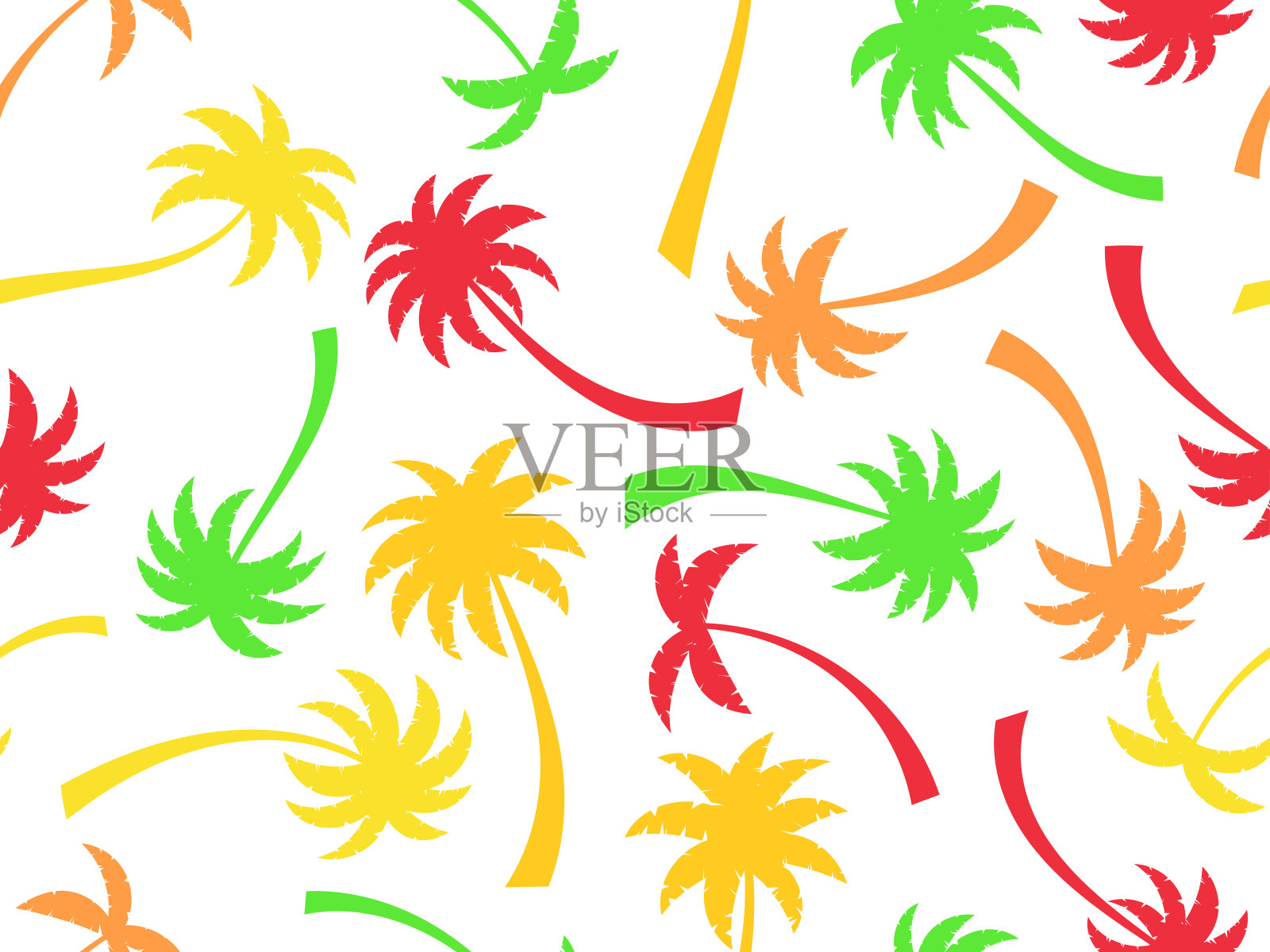 无缝图案与彩色棕榈树在一个白色的背景。夏天的时候，壁纸用热带棕榈树图案。设计印刷t恤，横幅和促销项目。矢量图插画图片素材