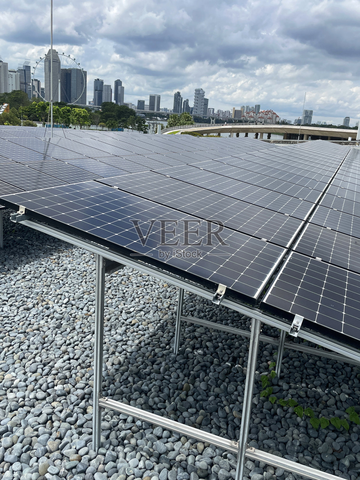 新加坡滨海湾太阳能公园一排排太阳能电池板的特写图像，摩天大楼的城市景观，新加坡摩天观景轮，多云的蓝天，聚焦于前景照片摄影图片