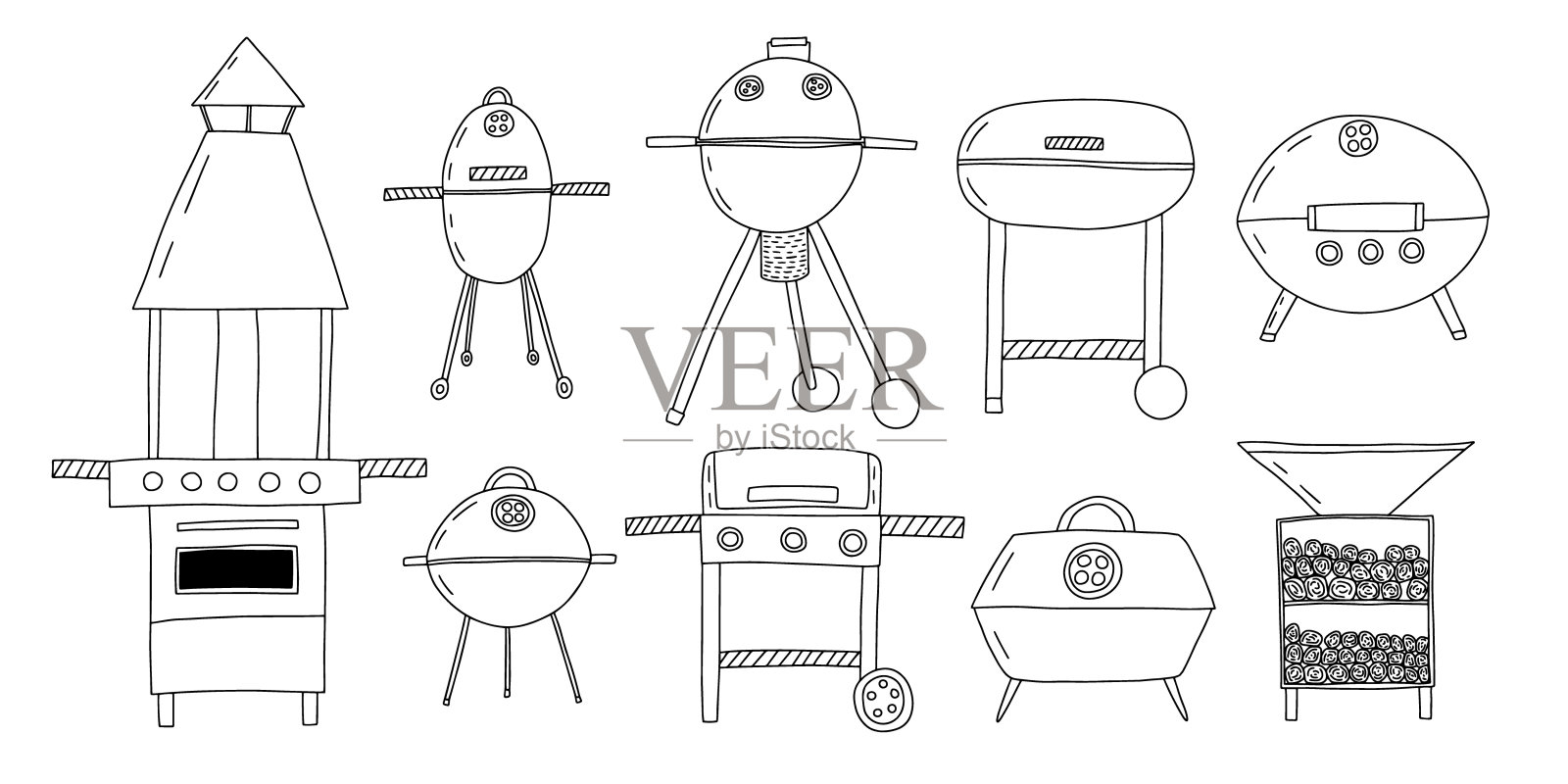 矢量烧烤烤架吸烟者设置插画图片素材