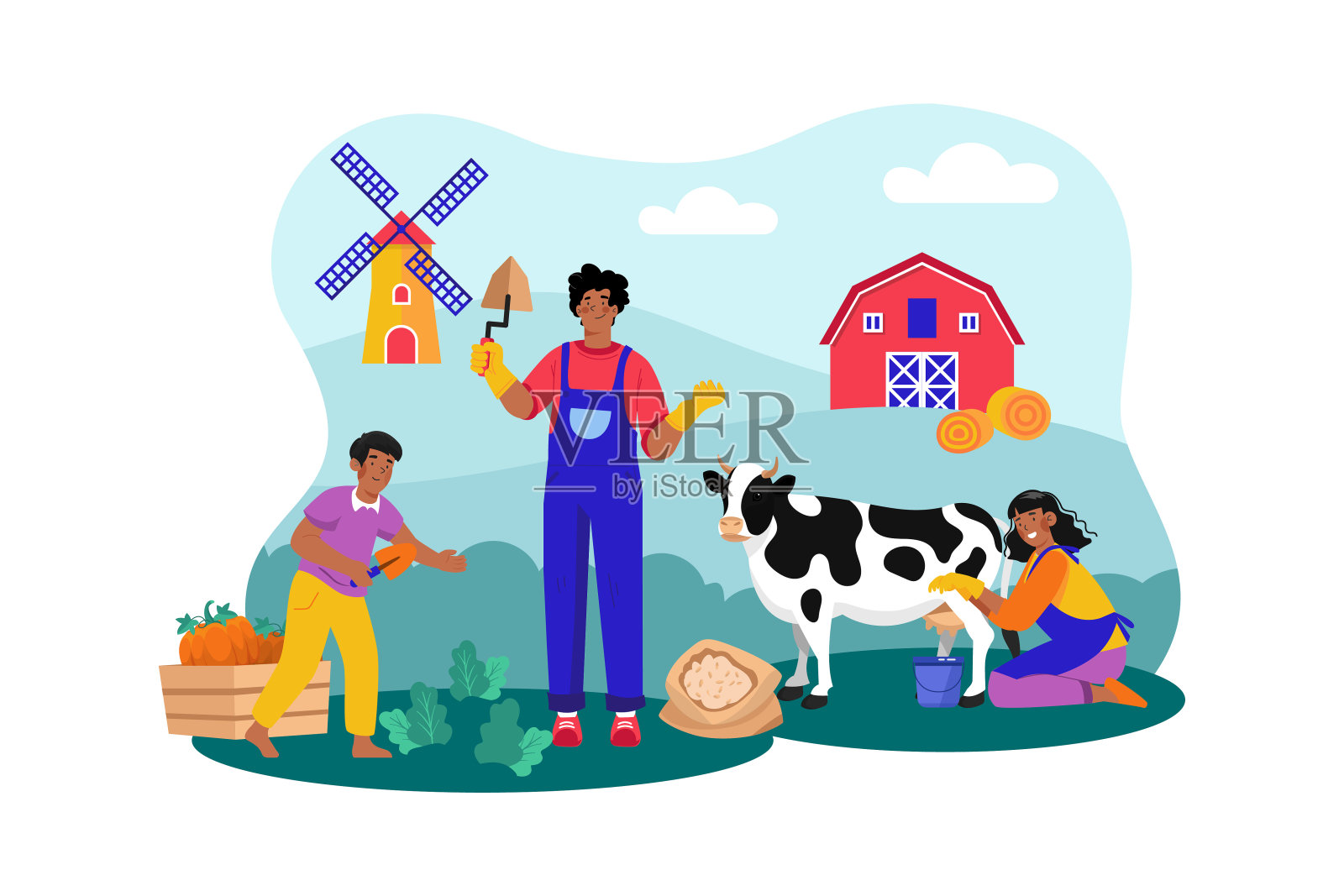 一群游客参观当地的农场，进行上午的游览和实践活动。插画图片素材