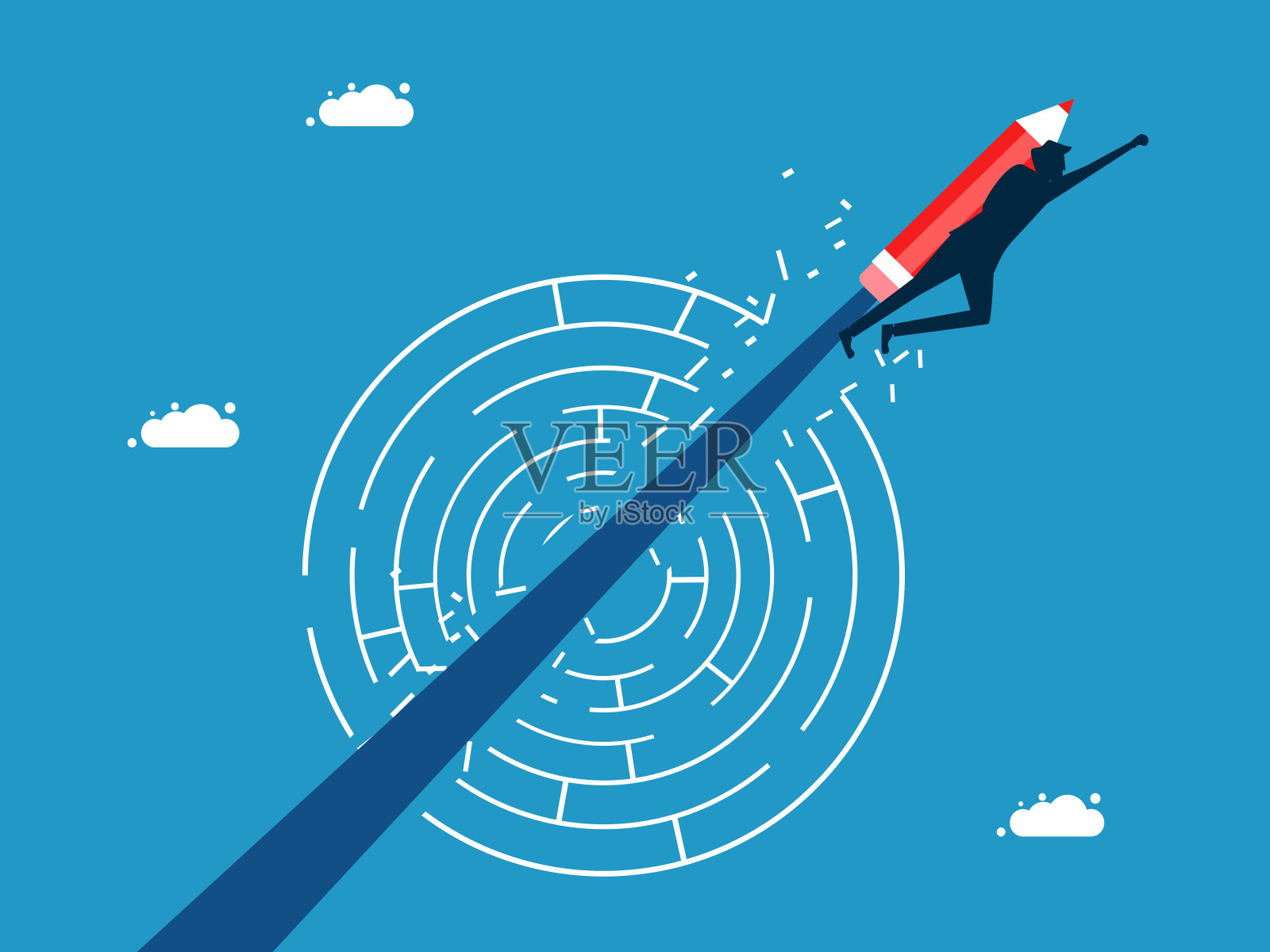 发展和解决问题，克服障碍。一个带着铅笔的飞人撞进了一个神秘的迷宫插画图片素材