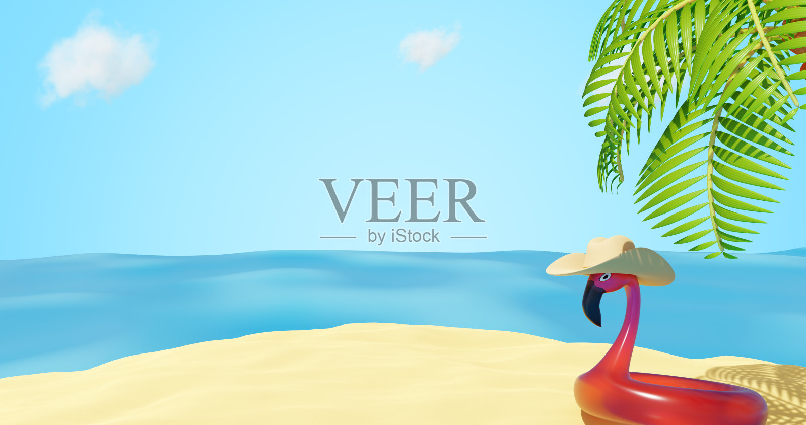 热带景观。粉色充气火烈鸟夏沙海棕榈。三维渲染照片摄影图片