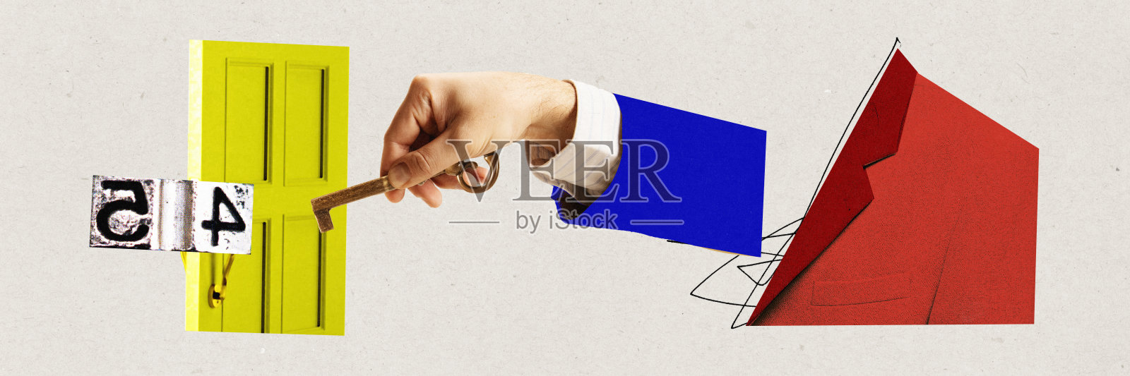 人的手握着钥匙，打开门。专业知识，获取信息。当代艺术拼贴。照片摄影图片