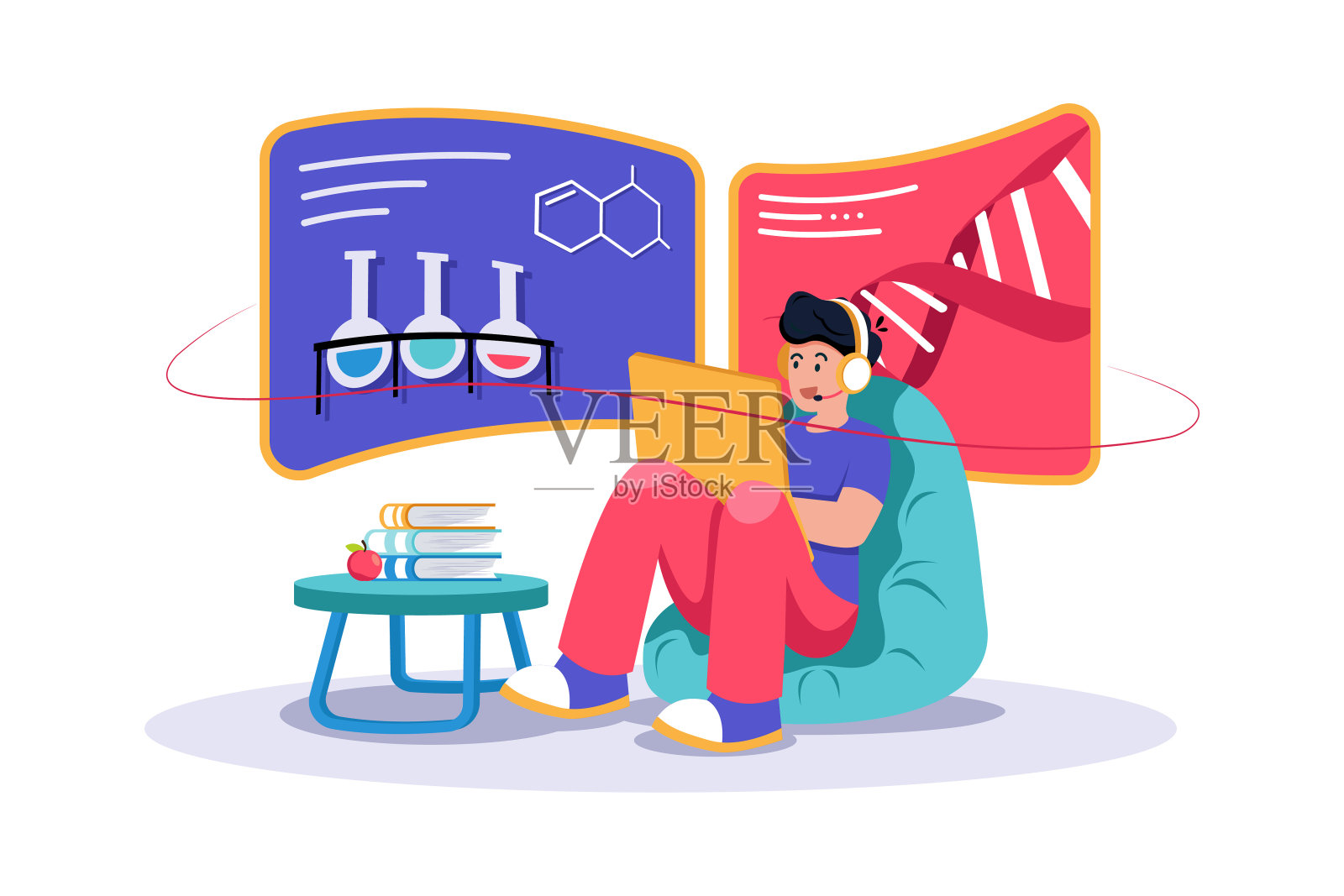 一名学生正在观看科学课的教育视频。插画图片素材