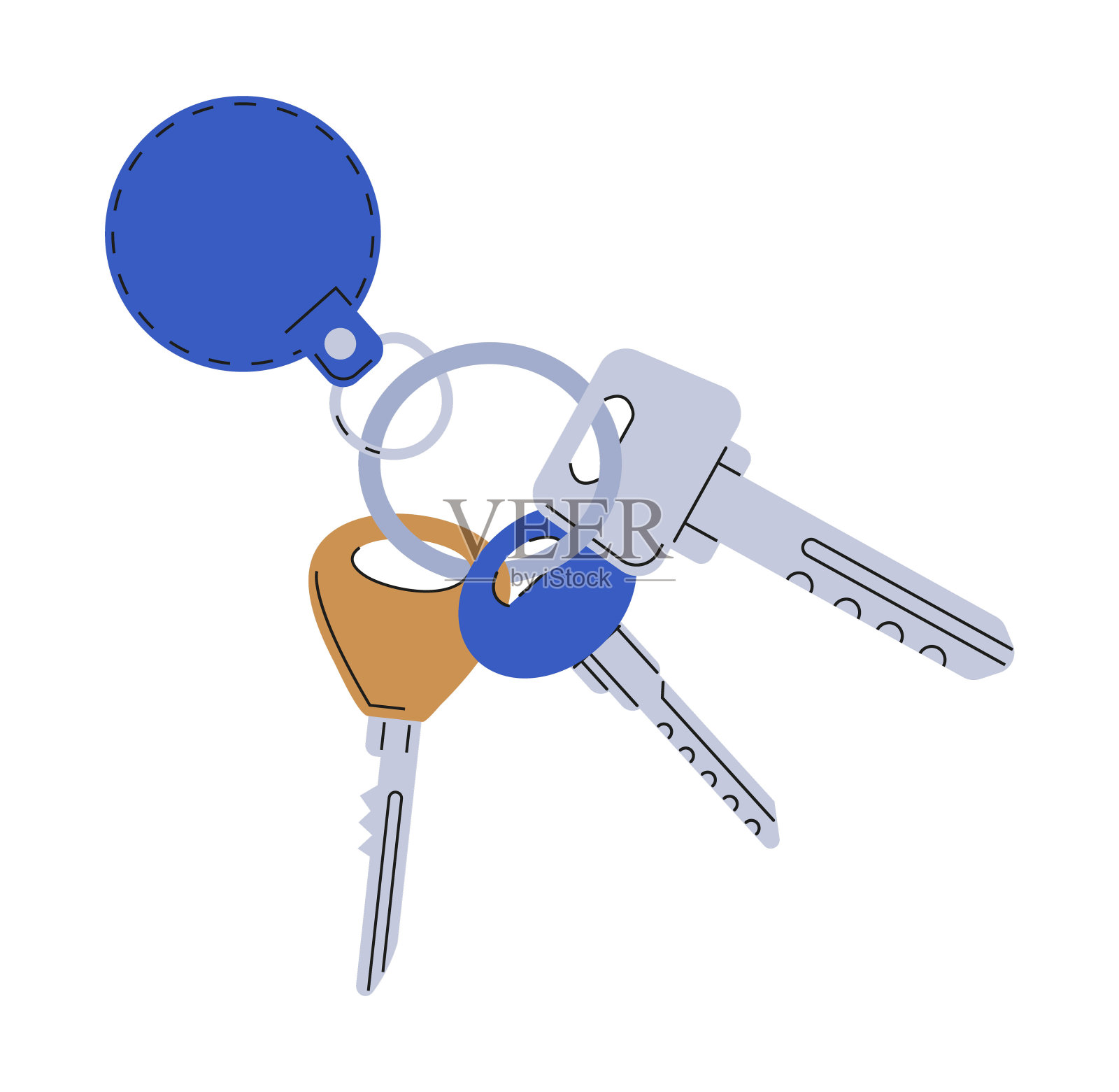 钥匙的向量。吊坠形状的弓，猫，心，链。小饰品、钥匙扣和钥匙扣插画图片素材