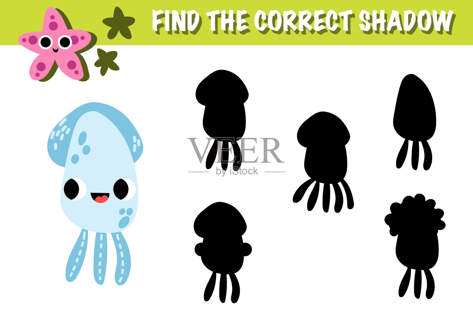 水下字母字母表匹配匹配练习游戏矢量。可打印的工作表页托儿所儿童活动有趣的鱿鱼角色插画图片素材