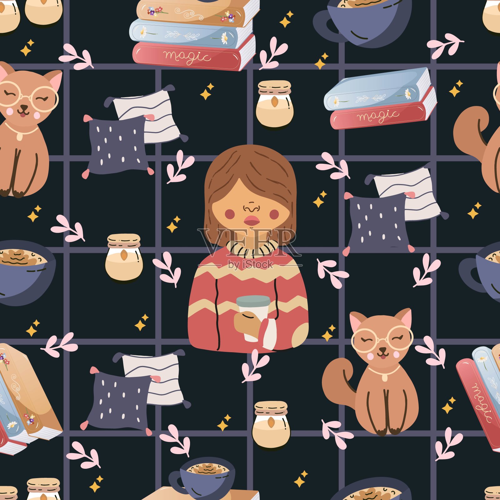 舒适的秋季无缝图案。温馨的元素可爱的猫，靠垫，年轻拿咖啡，蜡烛，书。插画图片素材