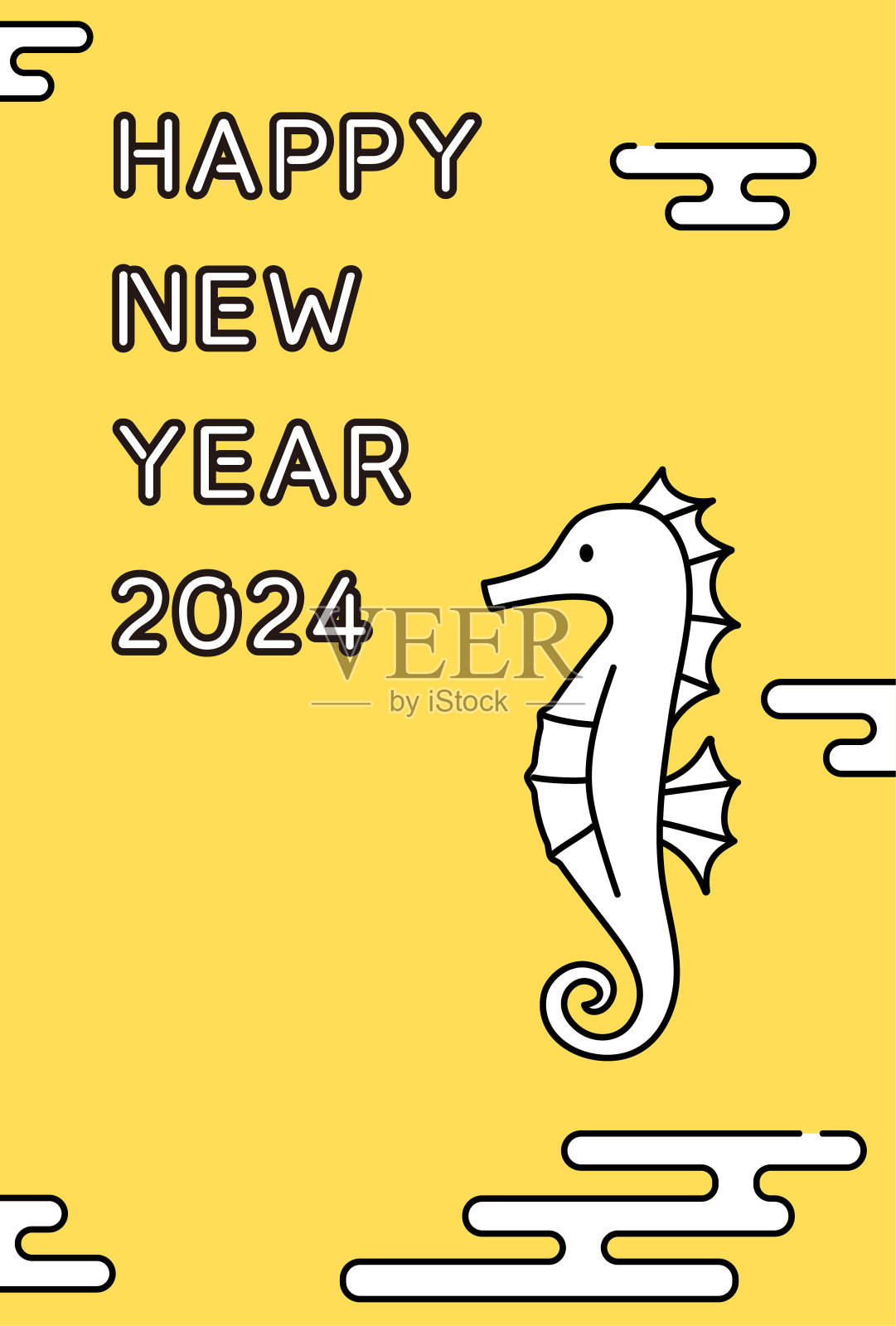 简单的龙年新年贺卡为2024年，日式图案带有龙坑，新年明信片材质。插画图片素材