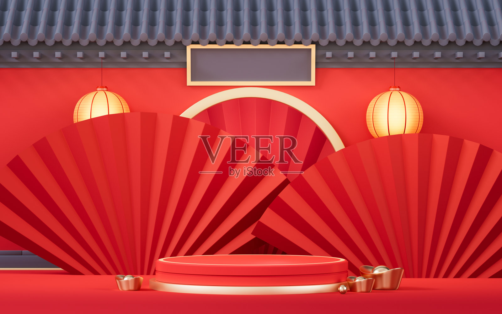 带有中国古代建筑的空舞台，3D渲染照片摄影图片