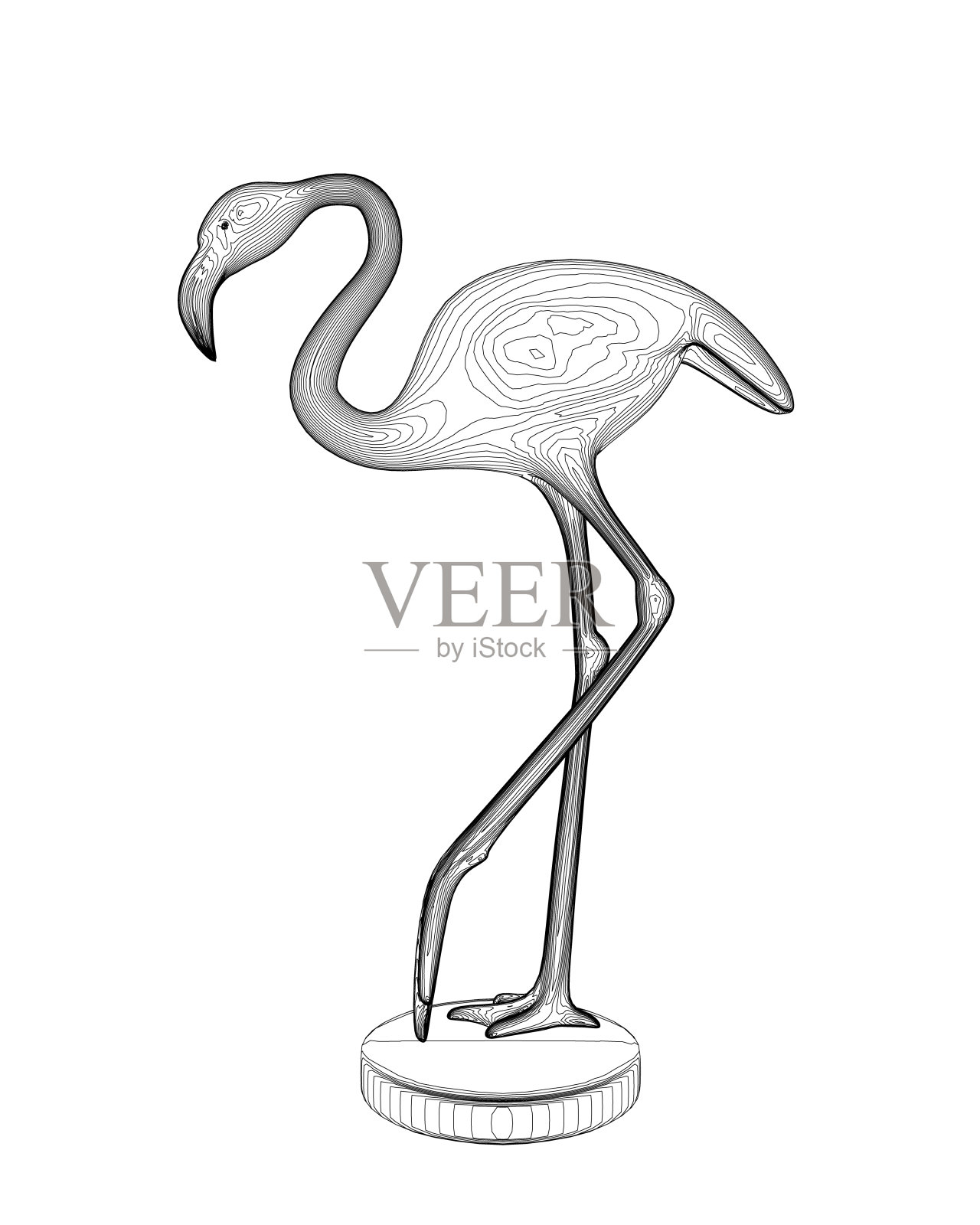 轮廓火烈鸟矢量插图隔离在白色背景。奇异的热带鸟类。动物园动物收藏。可爱的卡通人物。装饰元素。平面设计。白色背景。孤立。插画图片素材