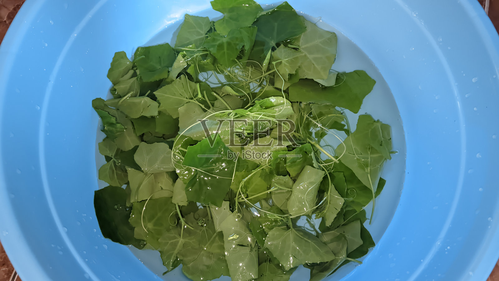 蔬菜在蓝桶里浸泡的特写照片摄影图片