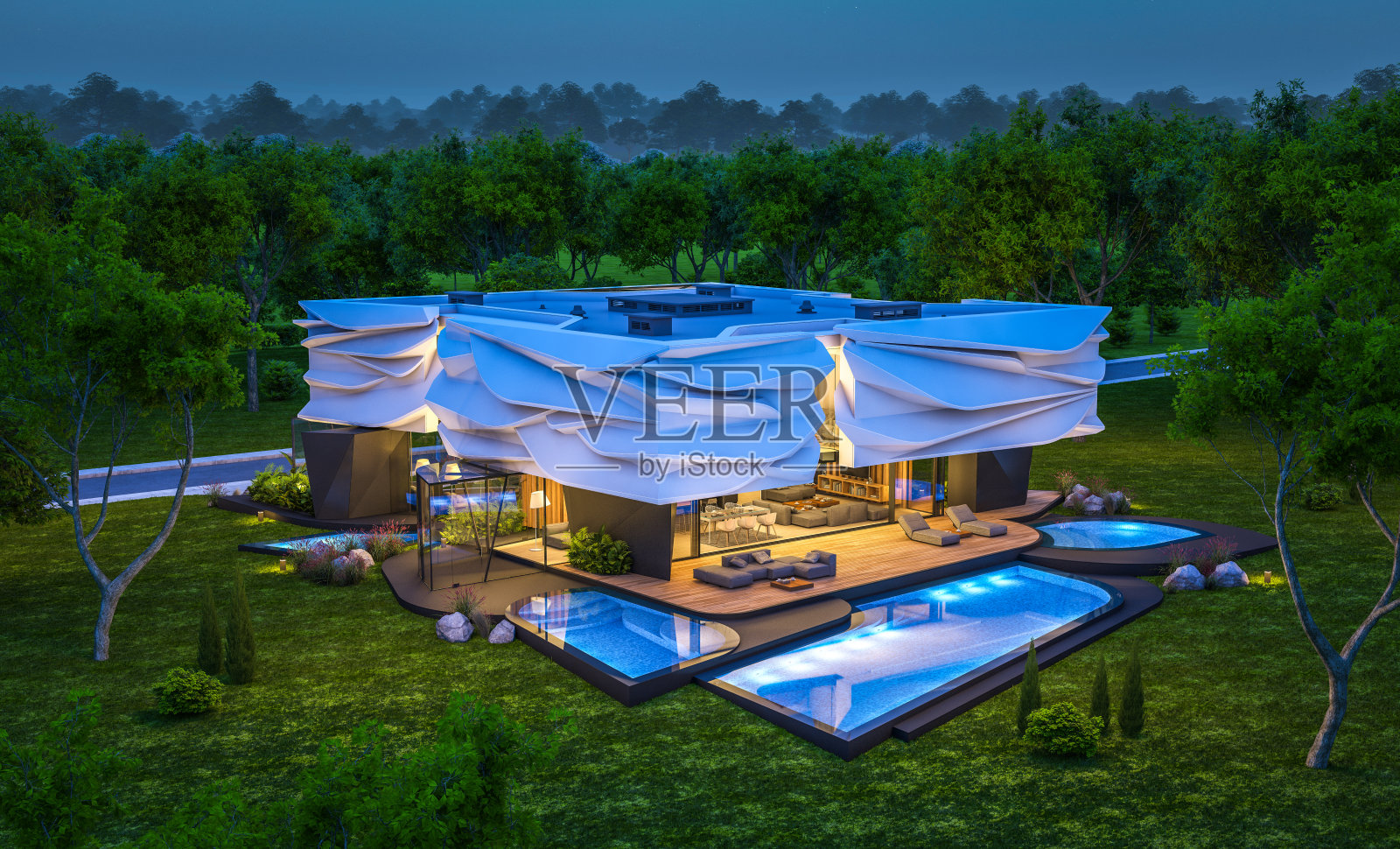 夜晚具有仿生自然曲线塑料造型的现代住宅照片摄影图片