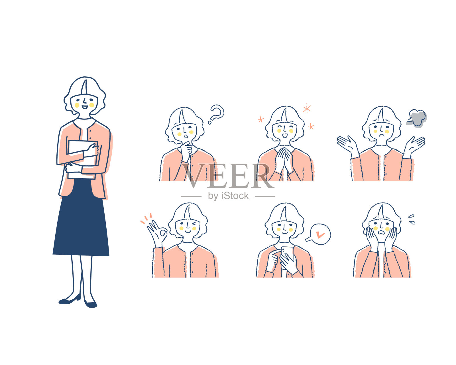 女性面部表情变异集插画图片素材