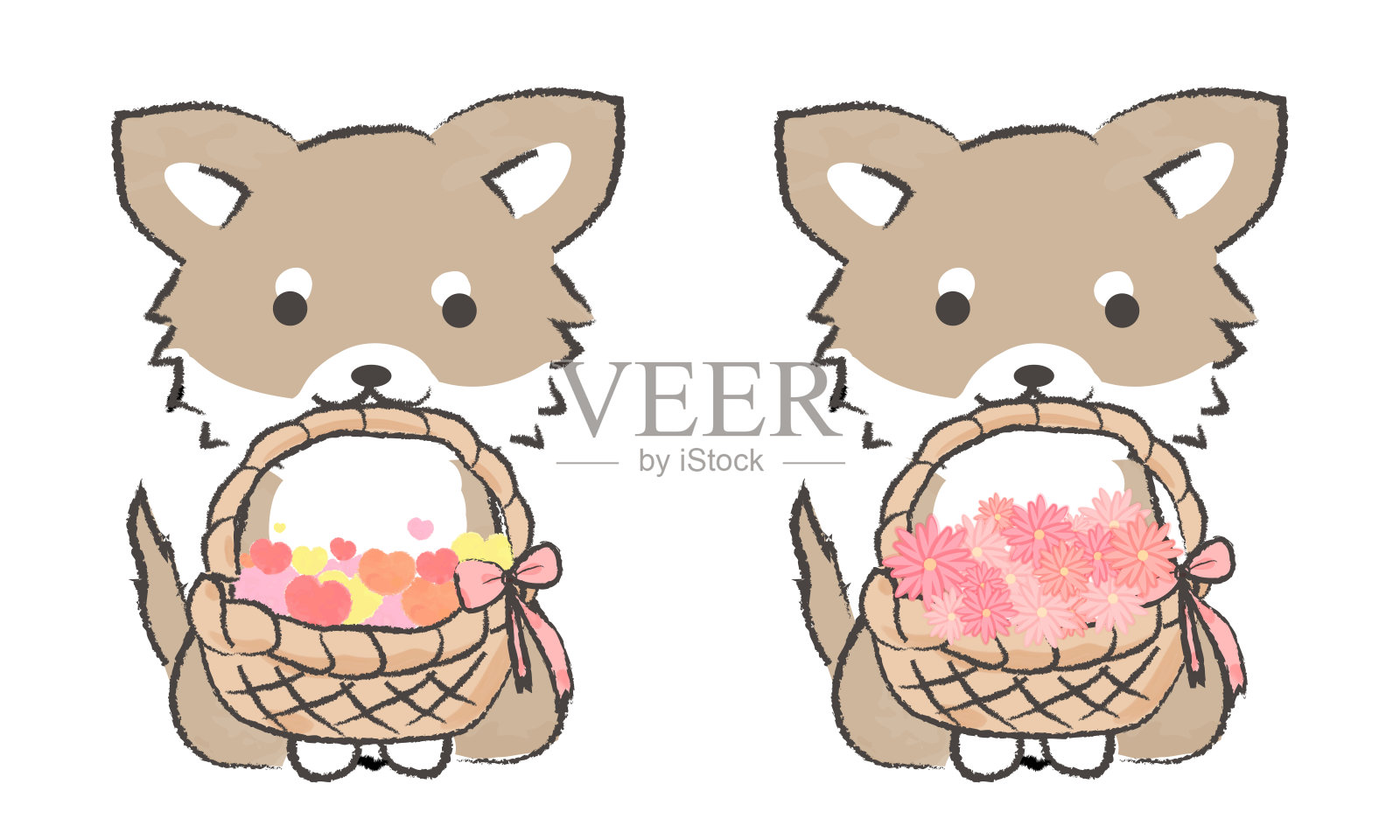 这是一只简单可爱的吉娃娃的手绘插画。一篮子爱心。一个篮子里衔着花插画图片素材