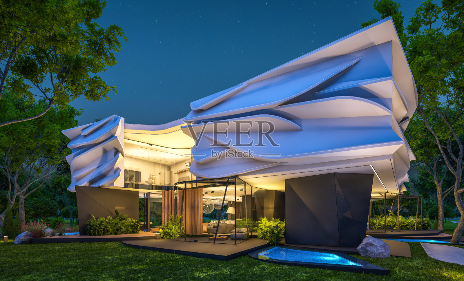 夜晚具有仿生自然曲线塑料造型的现代住宅照片摄影图片