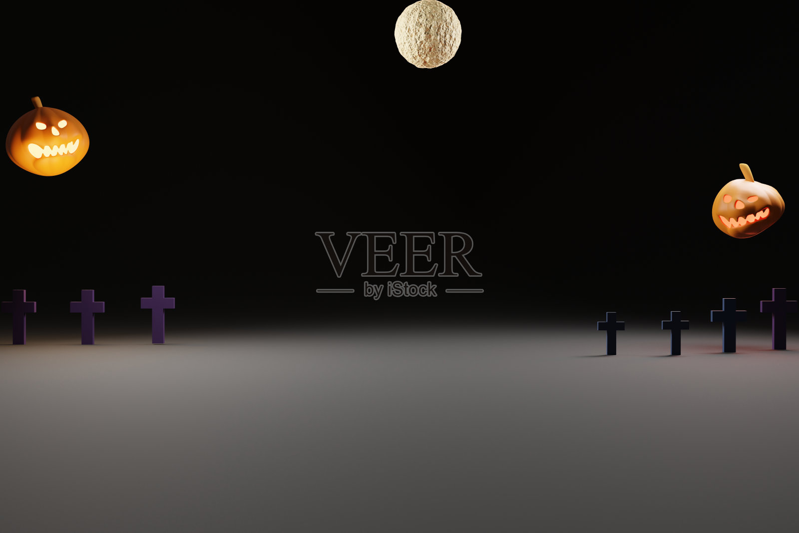 3d渲染插图万圣节南瓜和墓地坟墓十字架，月光下的坟墓照片摄影图片