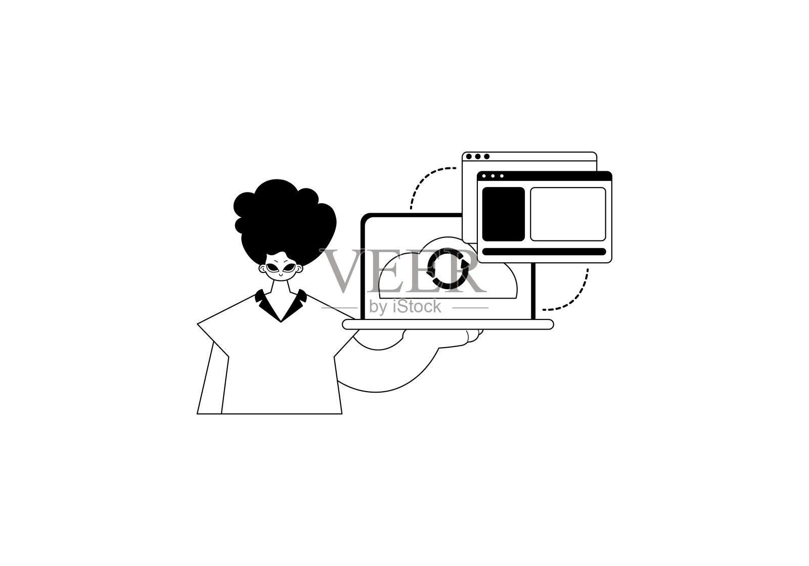 Man与同步数据的浏览器。云仓库主题。黑色和灰色线条艺术。时尚的风格，矢量插图插画图片素材